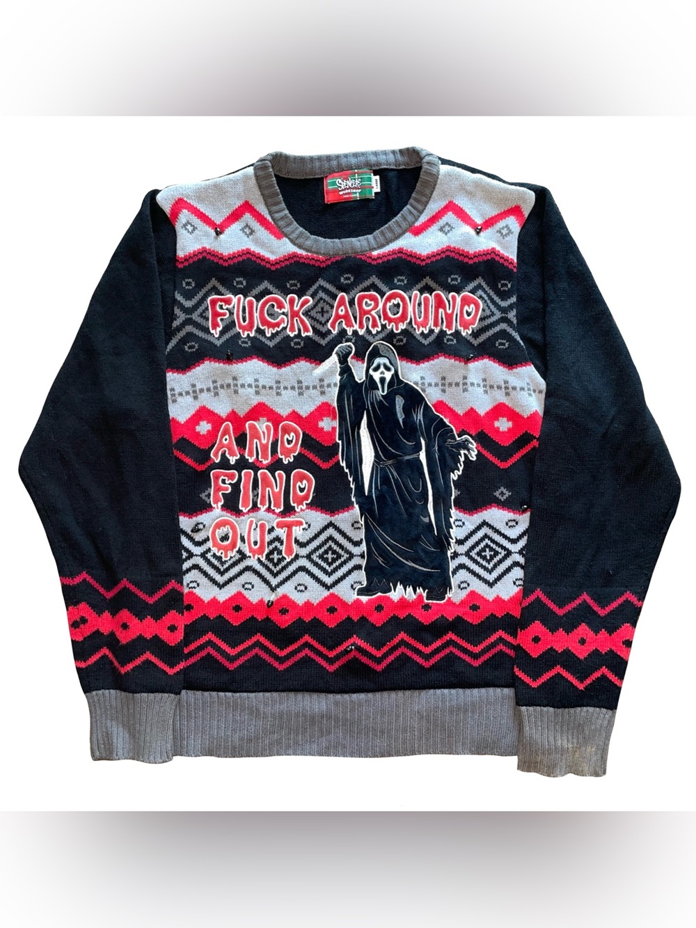Spencer's "F Around Find Out" Ghost Face Sweater Sz L Holiday Halloween (Flawed)